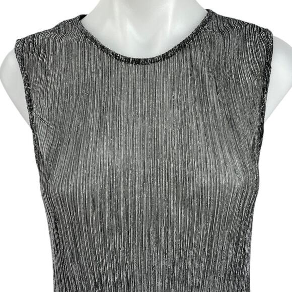 BCBGeneration Silver Metallic Semi Sheer Plisse Sleeveless Mini Shift Dress S - Picture 3 of 5